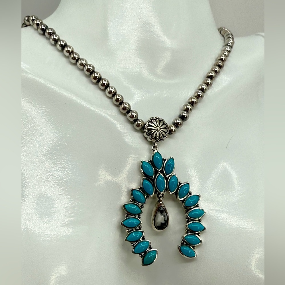 Artisan Crafted White Buffalo, Sleeping Beauty Turquoise Squash Blossom Necklace